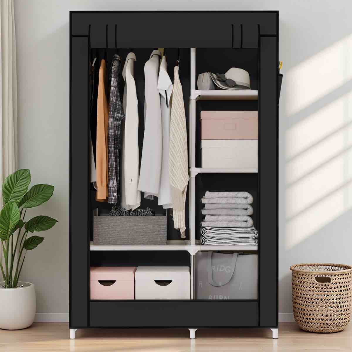 Portable Closet Organizer with 6 Shelves & 1 Hanging Rod, Non-woven Fabric Wardrobe Clothes Storage with 4 Side Pockets for Bedroom, Living Room, Cloakroom, Dorm, Apartment, Black