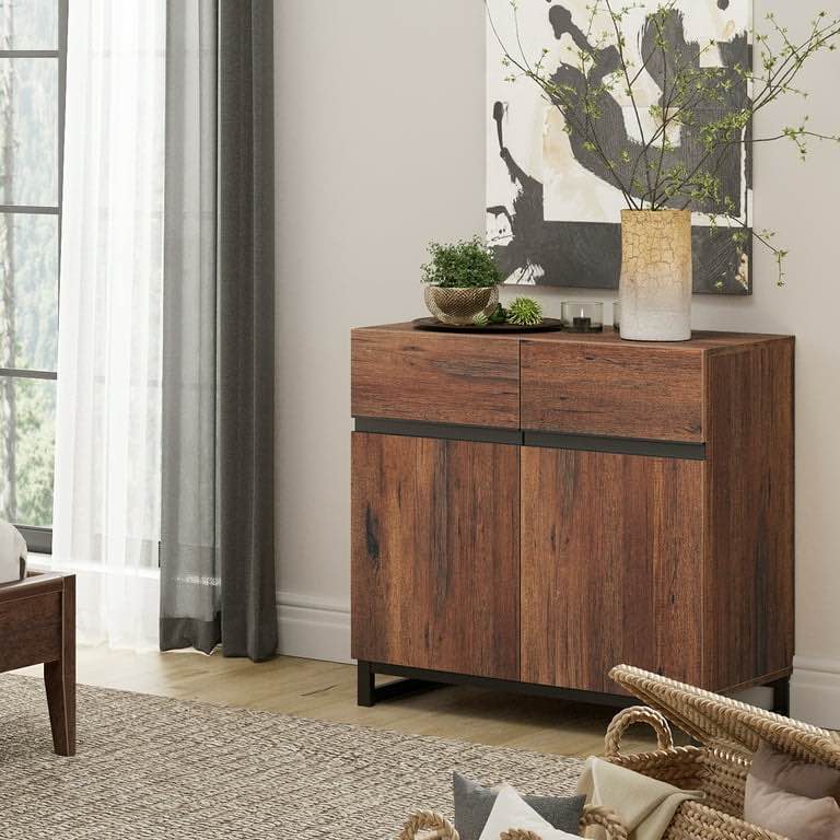 Modern Sideboard with Adjustable Shelf and Metal Base Walnut