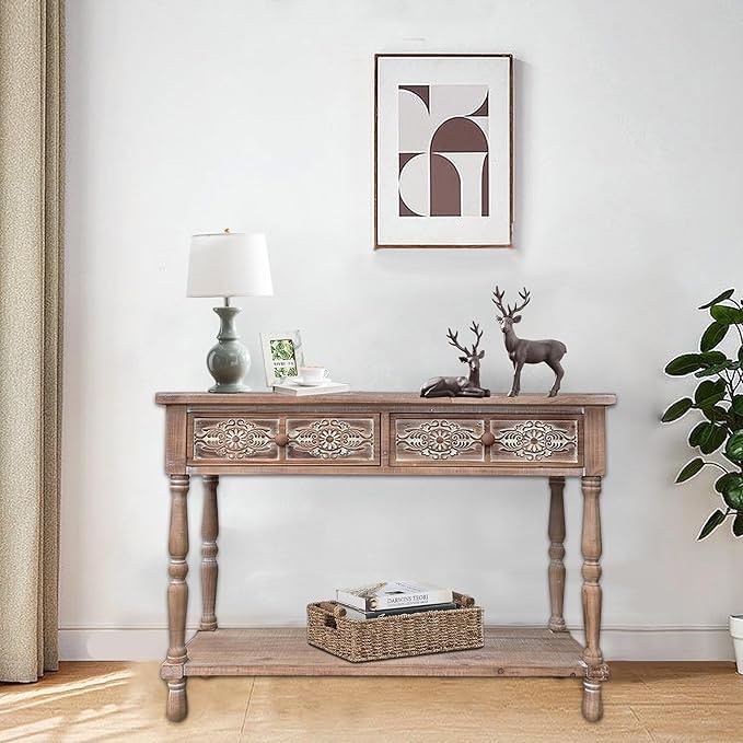PARISLOFT Vintage Wood End Table with 2 Drawers and 1 Bottom Shelf,Rustic Console Table Storage, Accent Entryway Table Furniture,Antique Brown,42”Wx32”H