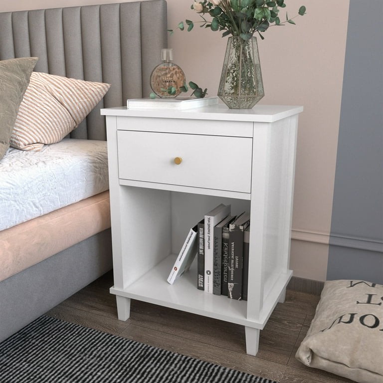 Qumbnk Beside Table with 1 Drawer and 1 Open Shelf, Wooden Nightstand for Living Room, Bedroom, White