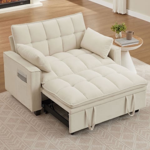 48.03" Pin Striped Fabric 3 in 1 Convertible 2 Seater Sleeper Sofa Bed - Beige(incomplete)