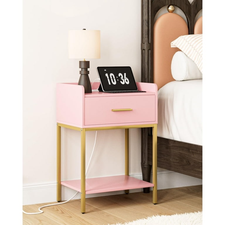 nightstand with charging station,bedside table with drawer and 2 shelf storage, small side table, modern pink night stand, tall end table for bedroom, living room (pink)