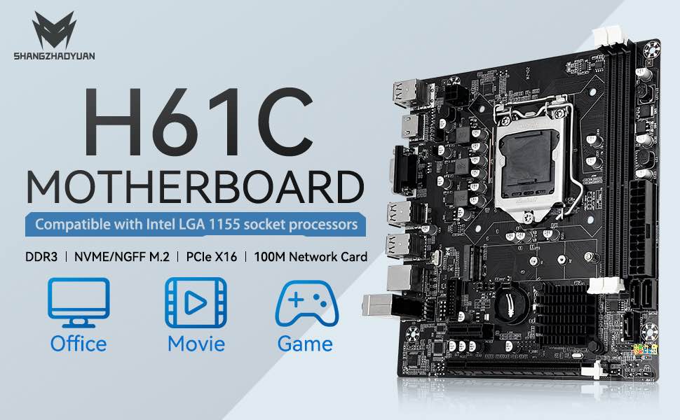 LGA 1155 H61C Gaming Motherboard for Intel 2nd/3rd Generation i3, i5, i7/Xeon E3 V2/Pentium Series, DDR3, NVME/NGFF M.2, PCIe X16, 100M LAN, VGA, HDMI