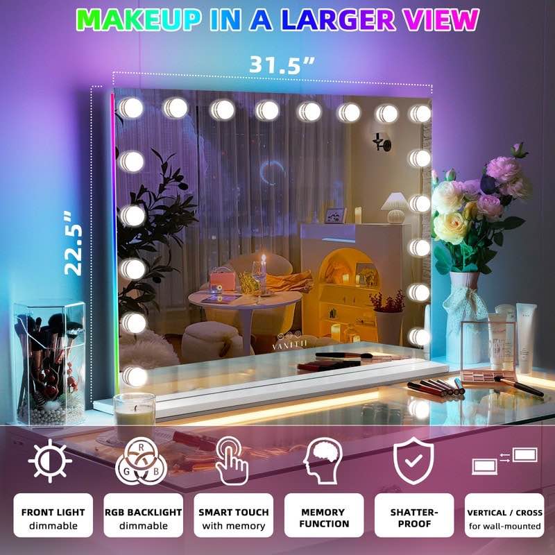 VANITII Hollywood Vanity Makeup Mirror With RGB Strip Lights-18 Dimmable LED Bulbs