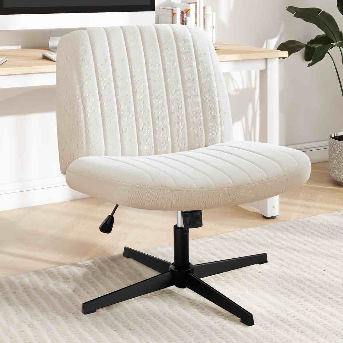 Criss Cross Office Wide Comfy Swivel Chair, No Wheels Armless, For Home, Height Adjustable, Beige