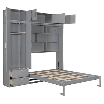 incomplete)))) SOFTSEA Queen Size Murphy Bed with Wardrobe and Top Cabinet, Wooden Visit > Wall Bed with Shelves for Kids Teens, Foldable Bed Cabinet Murphy Bed, ...