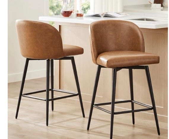 Watson & Whitely Counter Height Bar Stools Set of 2, 360° Swivel Upholstered Barstools with Backs and Metal Legs, 26" H Seat Height, Faux Leather in Saddle Brown