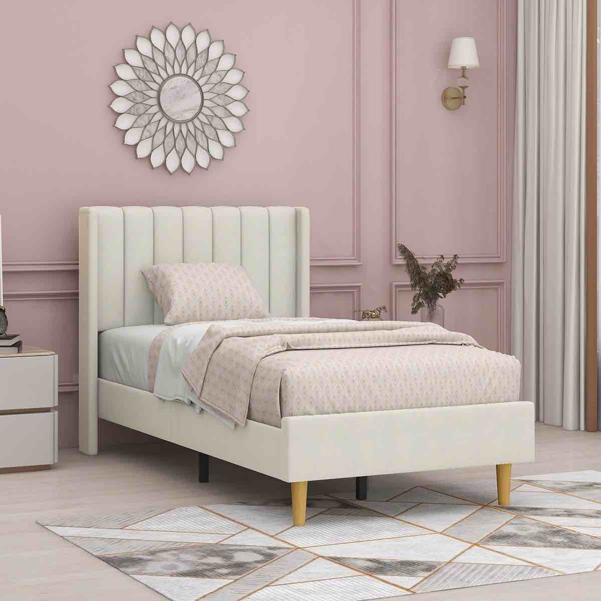  Upholstered Platform Bed with Wingback Headboard