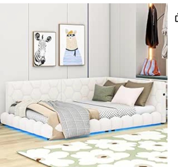 incomplete))) Upholstered Platform Bed with USB Ports and LED Light, Wooden Slatted Bed Frame for Bedroom, No Box Spring Needed (White, Full)