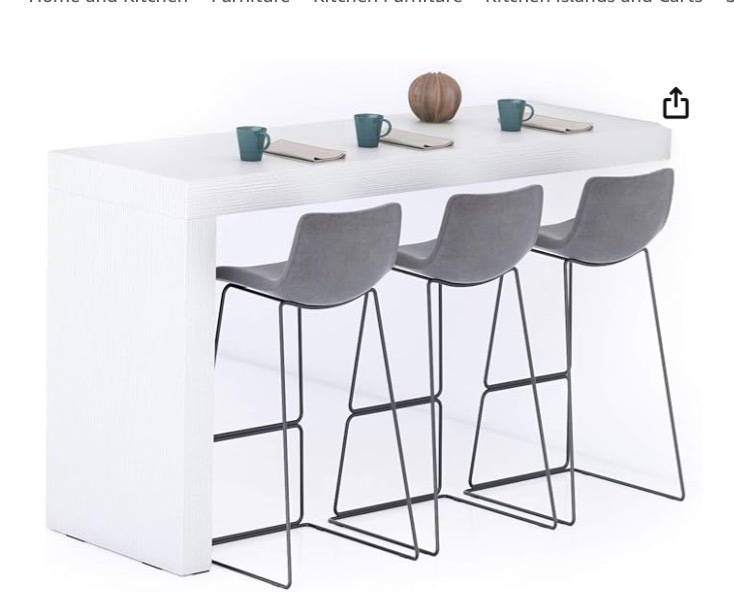 Mobili Fiver Evolution - Italian Made Kitchen Bar High Table, Wall Mounted Counter Height Table for 6, Breakfast Bar Table with Cable Management, White