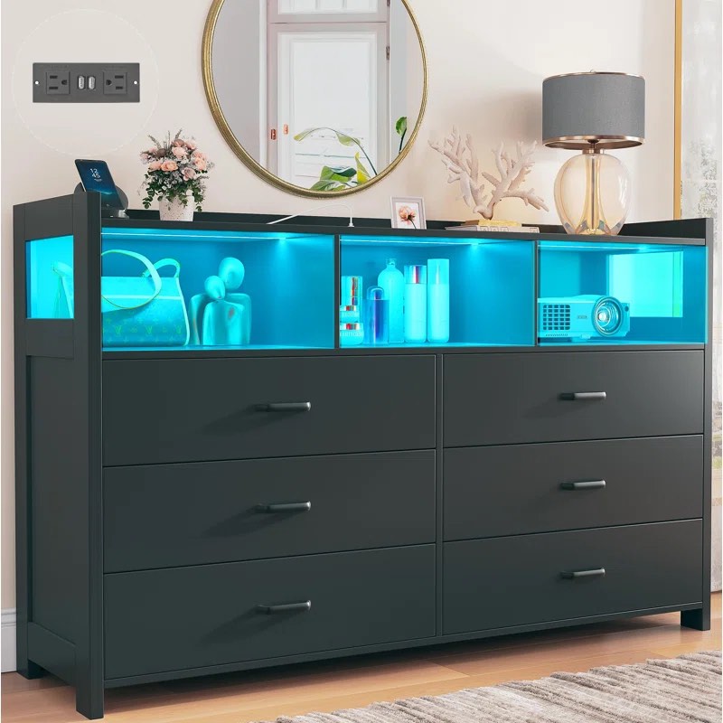 Jaylianiz 6 - Drawer Dresser with Power Outlet, Chest of Drawers with LED Lights and Open Storage
