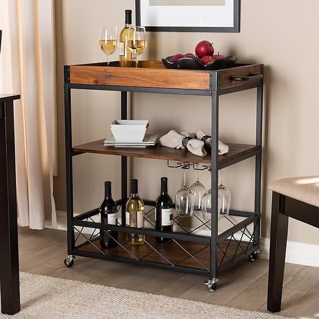 32.6'' Tall Industrial Style Rolling Kitchen Island Wine Cart With Black Finished, Fir Wood Mobile Metal Wine Bar Cart With Glass Rack