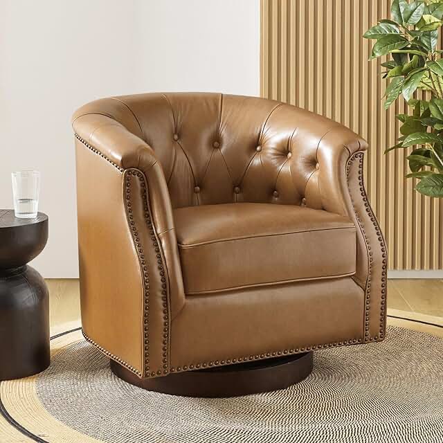 Leather Upholstered Swivel Barrel Chair