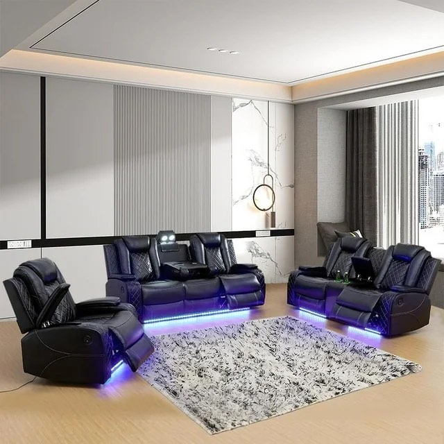 Luxurious Black Leather Sectional Sofa Set with LED Lights, Cup Holders, USB Port - Power Recliner & Storage Consoles Modern Style Comfortable Living (Incomplete Box 2/3 )