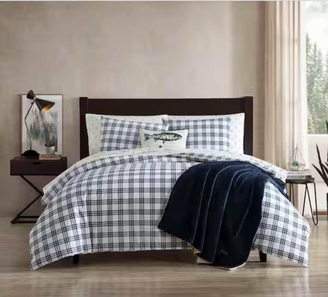 Basic Plaid 3-Piece Blue T200 Percale Cotton Full/Queen Duvet Cover Set