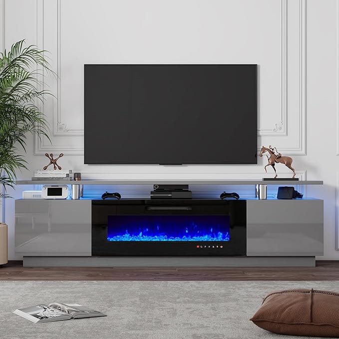 80" Media Console For TVs Up To 90" With Electric Fireplace, Large TV Stand with Led Light  (Incomplete Box 2/2 )