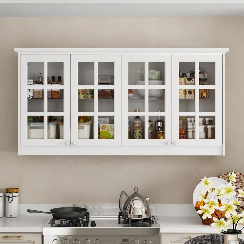 Wall Mounted 4 Glass Door China Cabinet Kitchen Cabinets With Glass Shelves
