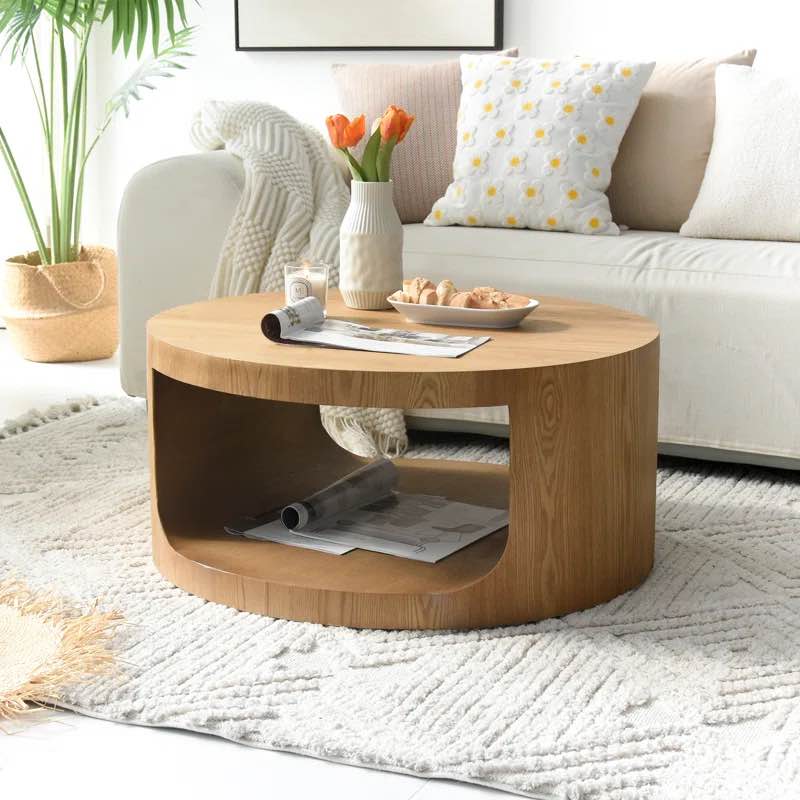 Round Coffee Table with Solid Wood Veneer (Natural Oak)