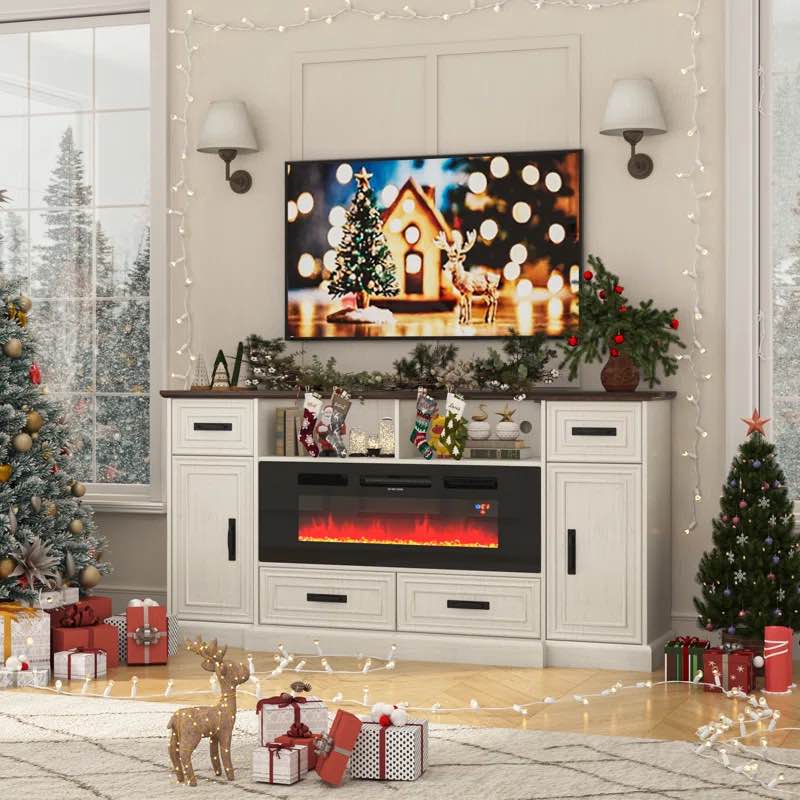70" TV Stand For Tvs Up To 80" With 40" Fireplace, Sockets, USB Ports, LED Lights, And 4 Drawers  (Incomplete, Fireplace Only)