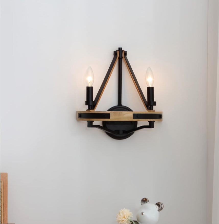 VidaLite Savannah 2-Light Rustic Farmhouse Style Wall Sconce Light, Natural Brown Ashwood & Matte Black Wall Lamp For Hallways & Accent Lighting