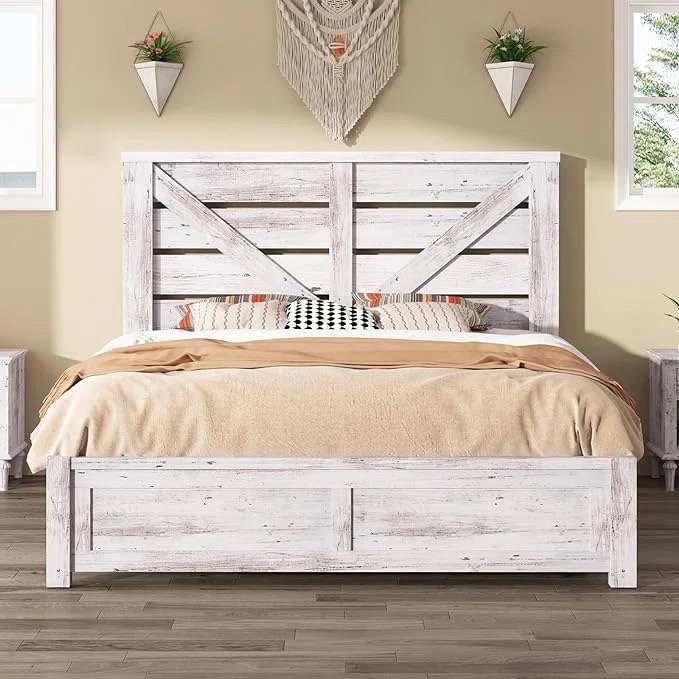 Oceant Farmhouse Bed Frame with 49.2" Barn Door Headboard (King Size )