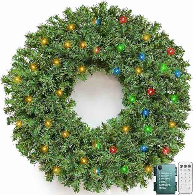 [dual color switch & remote control & timer] 24 inch 80 led super thick prelit christmas wreaths with warm white multi color change lights 12 modes battery operated 220 branches christmas door wreaths 24 inch warm white and multicolor change lights
