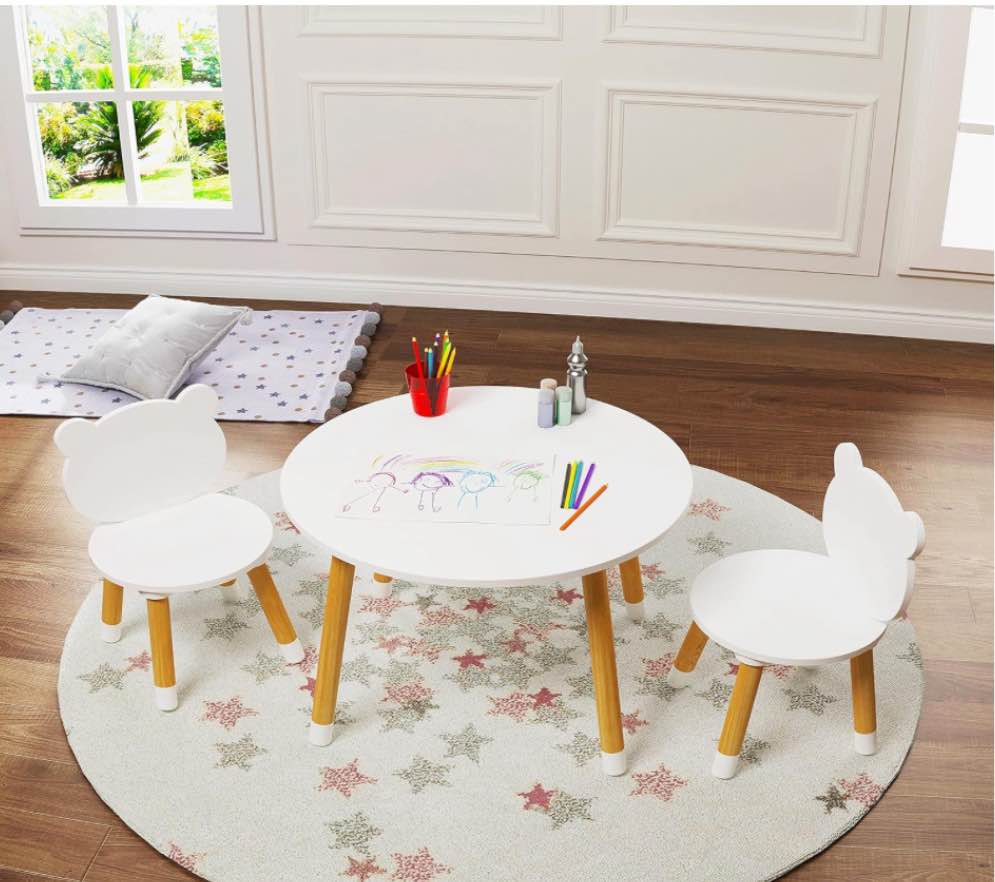 UTEX Kids Wood Table and Chair Set, Kids Play Table with 2 Chairs,3 Pieces Kids Round Table for Toddlers, Girls, Boys,White
