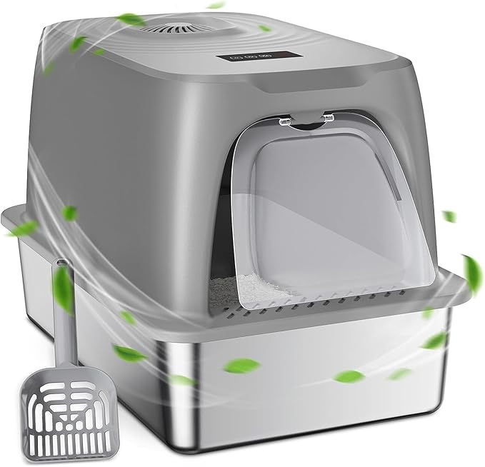 Odor Removal Stainless Steel Litter Box, Extra Large Enclosed Cat Litter Box for Big Cats, Metal Litter Box with Litter Mat & Scoop, Easy to Clean, Anti-Urine Leakage (Grey)