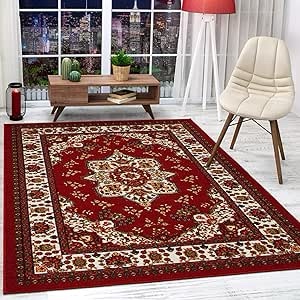 Superior Indoor Area Rug, Jute Backed, Modern Oriental Floral Damask Floor Decor for Office, Living Room, Bedroom, Entryway, Dining/ Kitchen, Hardwood, Tile, Augusta Collection, 4' x 6', red and blue