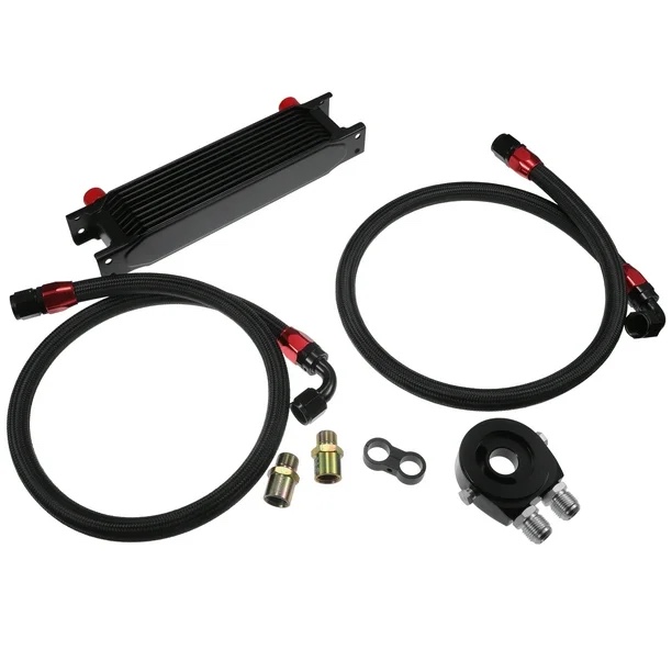 Unique Bargains 1 Set 10 Row Universal Transmission Oil Cooler Trailers Truck RV Oil Cooler with Fuel Line Hose Black