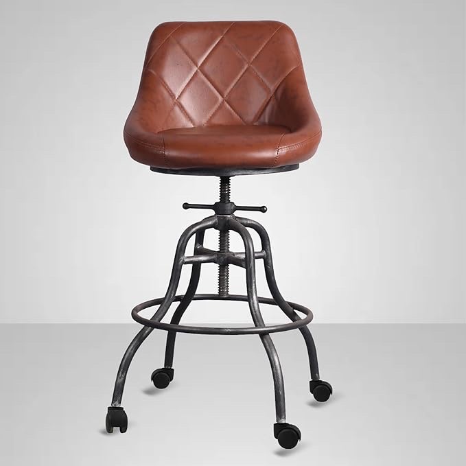 Industrial Office Chairs on Wheels Rustic Rolling Drafting Working Studying Chair Vintage Shop Stools with Wheel Swivel PU Seat with Backrest 22-27inch Height Adjustable Bar Stool for Home Kitchen