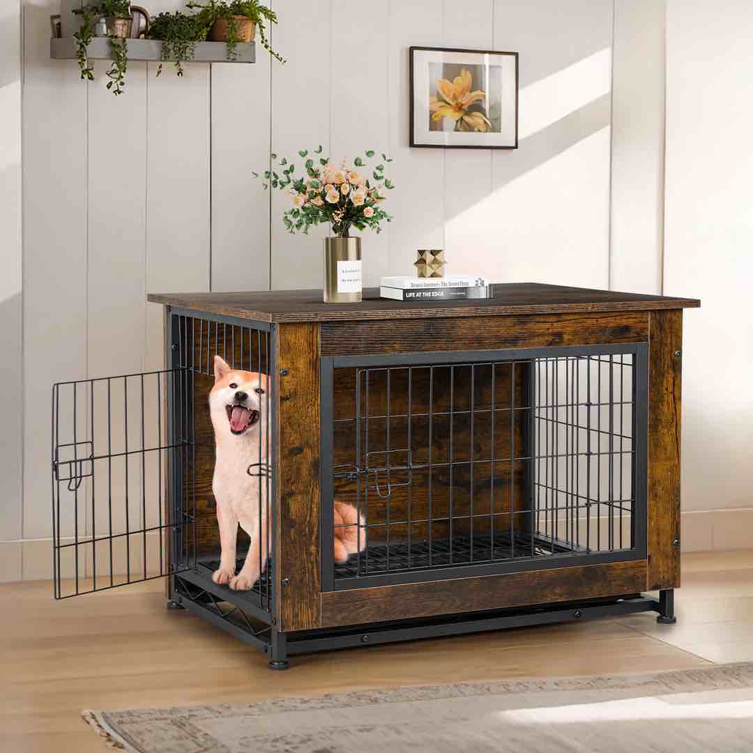 Walsunny Wooden Dog Crate Furniture,Double-Doors Kennel Indoor