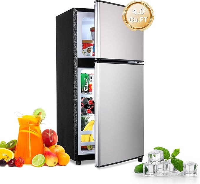 FLS-90-SILVER 4.0Cu.Ft Compact, Small Refrigerator with Freezer, Retro Fridge with Dual Door, 7 Level 
