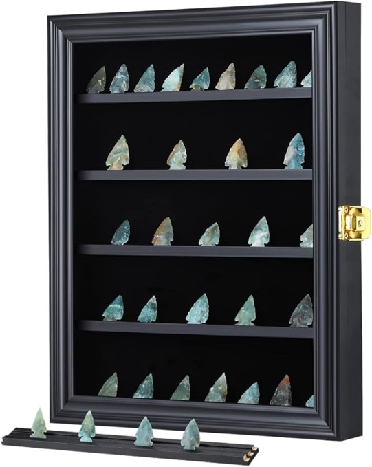 KCRasan Arrowhead Display Case Native American Arrowhead Shadow Box Wall Mount Arrowhead Collection Display Cabinet with Uv Protection for Agate Opal Crystal Stone Arrowheads Spear Points Rocks Black