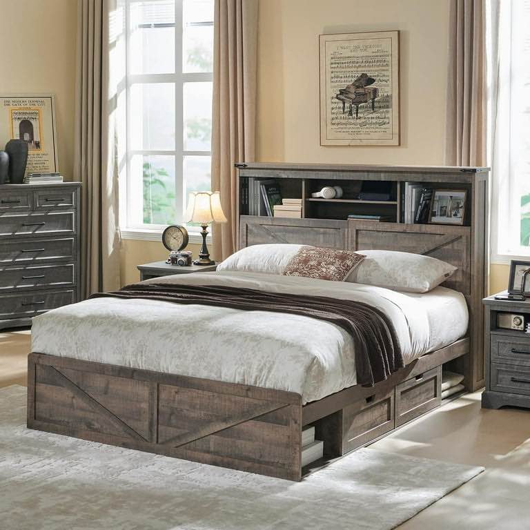 ACCOHOHO 52" Farmhouse Platform Storage Bed Frame, king ( incomplete only box A ) 