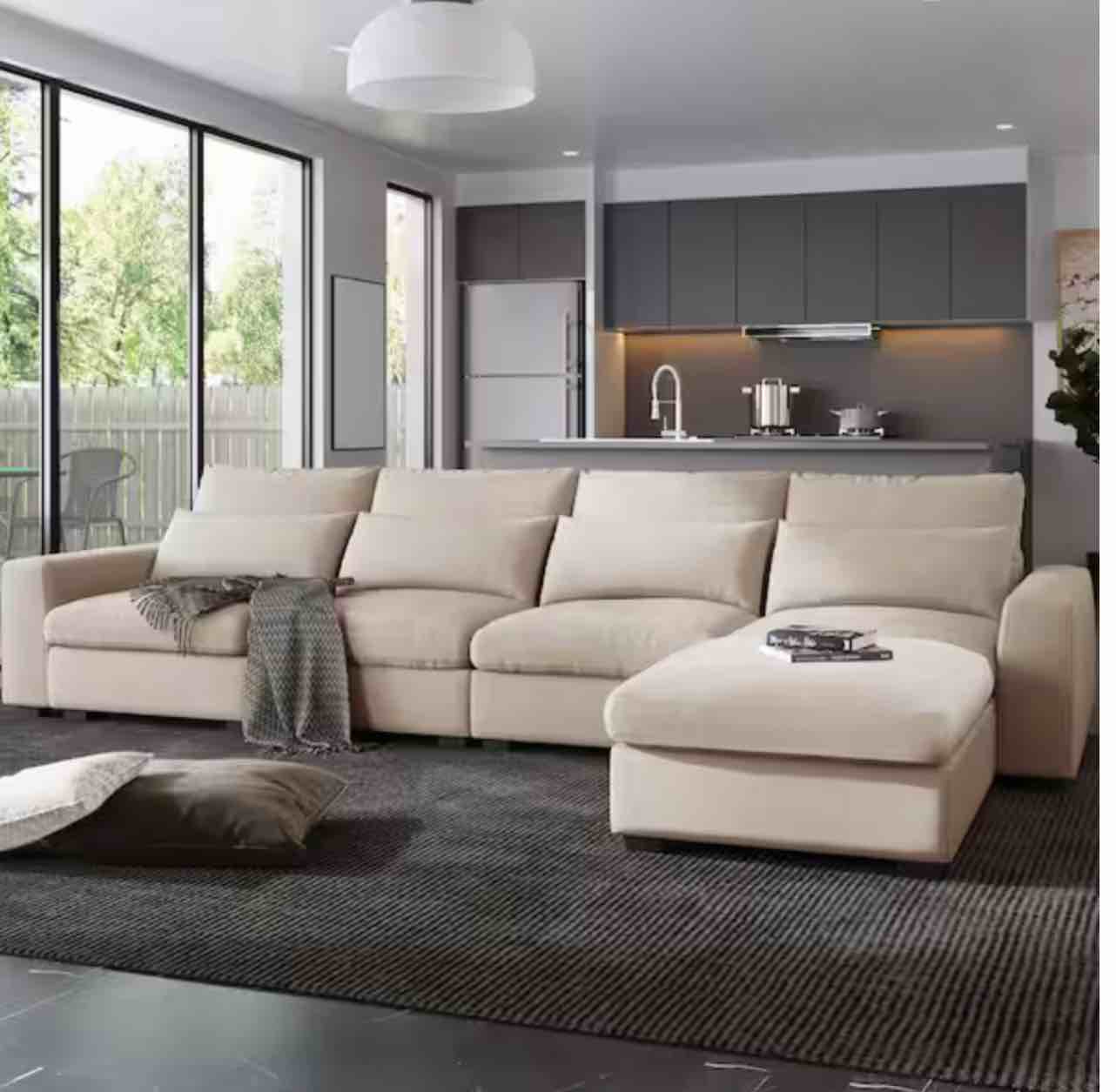 ( incomplete Set only Right arm backrest ) 130 in. Square Arm 2-Piece Linen L-Shaped Sectional Sofa in Beige with Removable Cushions