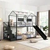Metal Bunk Bed with Slide and Steps,Twin Over Twin Bunk Bed with Storage Stairs,Metal Frame House Bunk Bed with Slide,Floor Bunk Beds with Roof and Guardrails for Girls,Boys,Black