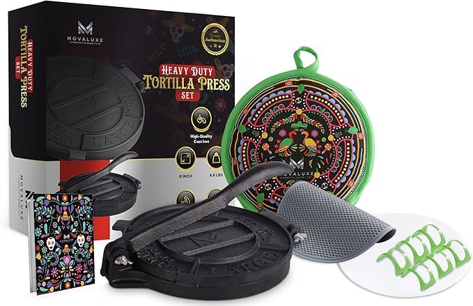 MOVALUXE® - Tortilla Press 12 inch Cast Iron Tortillas Maker. A Gift Set with a Warmer Pouch, 6 Taco Holders, Parchment Paper, Rubber mat and Recipe E-book. A Perfect Roti, chapati Dough Press