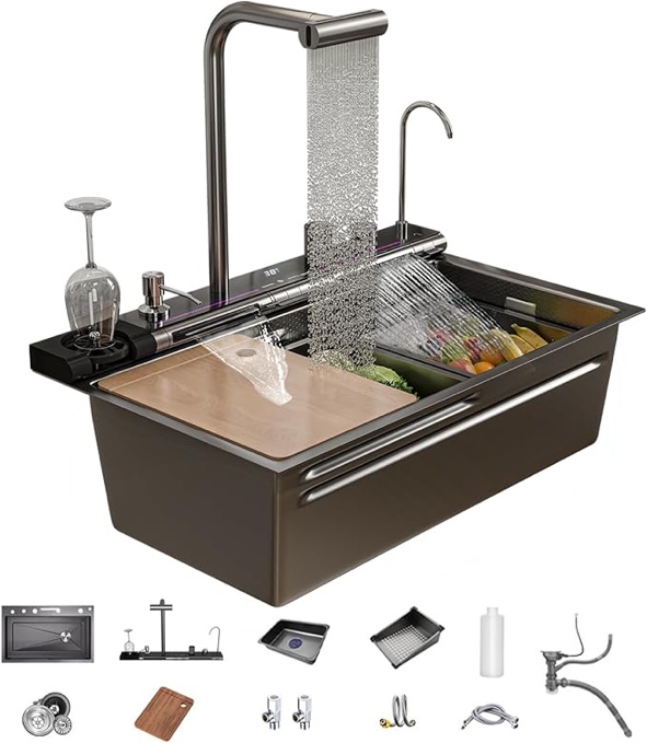 Dual Waterfall Kitchen Sink,Modern Kitchen Sink Single Bowl Digital Smart Sink with Soap Dispenser,Stainless Steel Sink with Pull-Out Faucet Workstation Sink with Honeycomb (31.5 x 18.1 in)