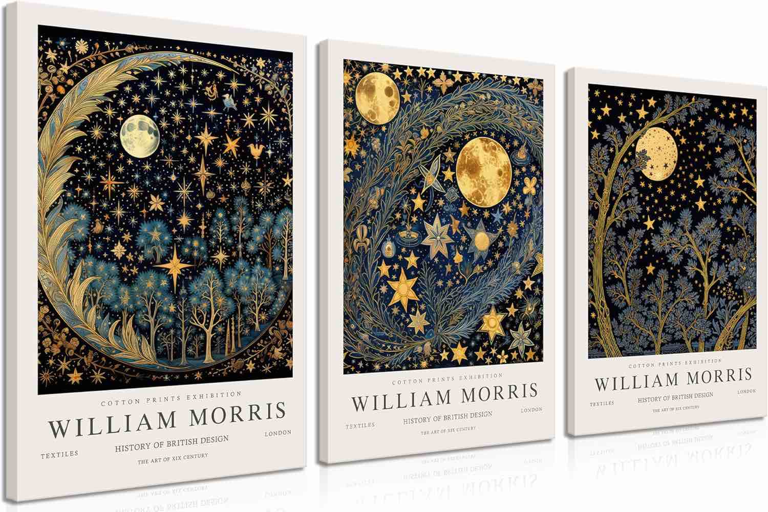 William Morris Canvas Wall Art Set of 3, Vintage Gold Moon & Stars Posters Prints, Retro Botanical Picture Wall Decor Painting for Bedroom Kitchen Living Room Office Home Decor Framed 12x16 in