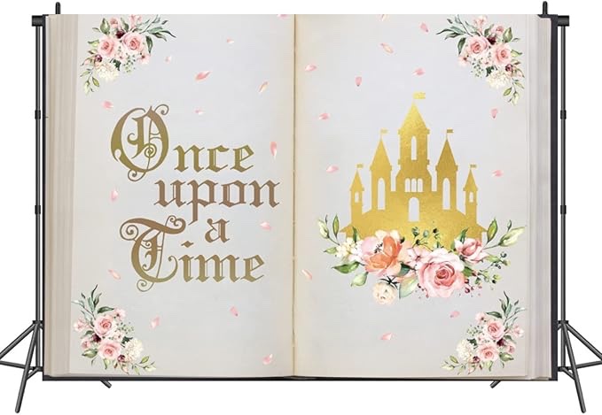 INRUI Once Upon a Time Photography Background Fairy Tale Books Castle Pink Floral Ancient Castle Wedding Happy Anniversary Birthday Party Decorations Backdrop (8x6FT
