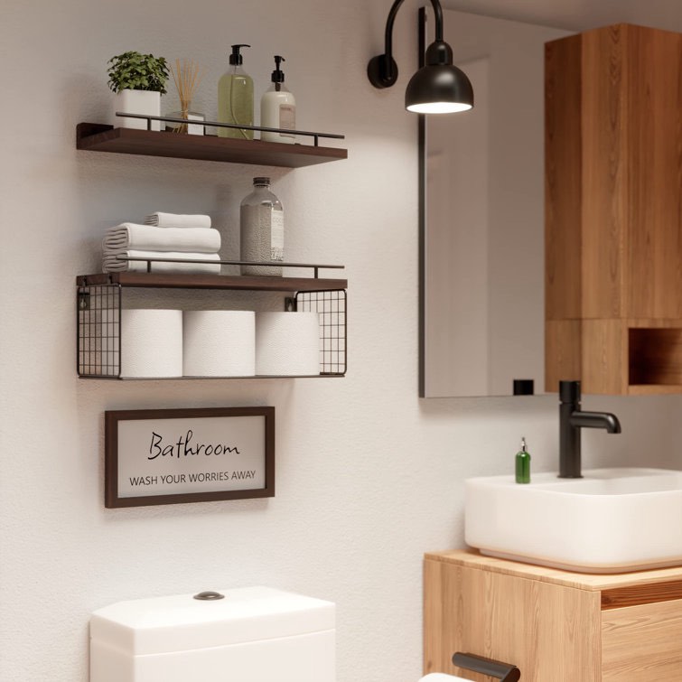 2- In - 1 Floating Shelves With Toilet Paper Basket - Floatin Hhelves otro color