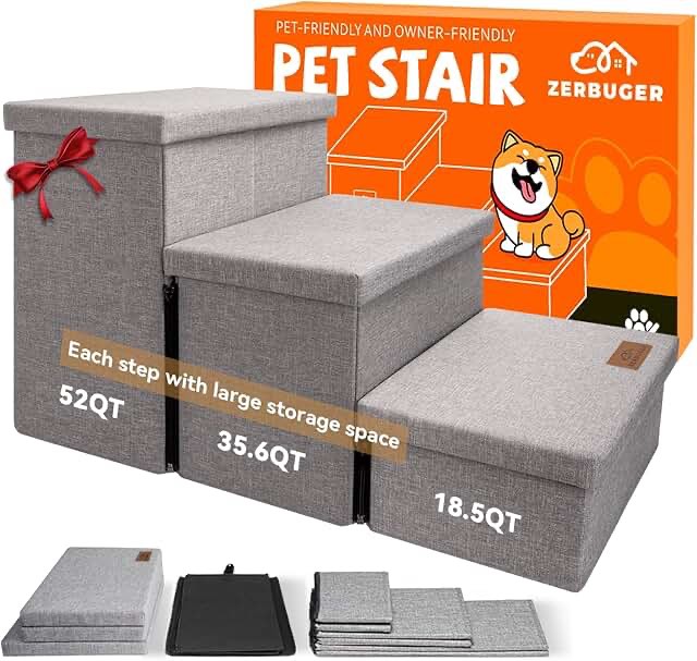 Dog Stairs, Dog Steps for High Beds 17.1" H, Folding Pet Stairs for Small Medium or Large Dogs Puppy with Storage for Bed and Couch, Cat Ramp for Car Hold Up to 200 lbs (Smok Gray, 3 Steps no Condo)