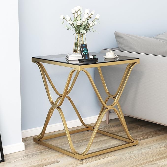 HOMYSHOPY Gold End Table for Living Room. Glass Side Table with Metal Frame & Square Base, Modern Nightstand for Bedroom, Office