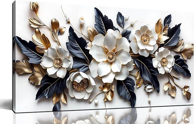 Flower Pictures Wall Decor for Living Room - Black White and Gold Wall Art for Bedroom - Modern Wall Decor for Bedroom Women