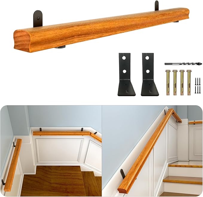 4FT Wooden Stair Handrail Indoor Outdoor, Sturdy Safety Wall Mount Support Hand Rails, Non-Slip Staircase Handrail for Home Garden Corridor Lofts Decking Railings