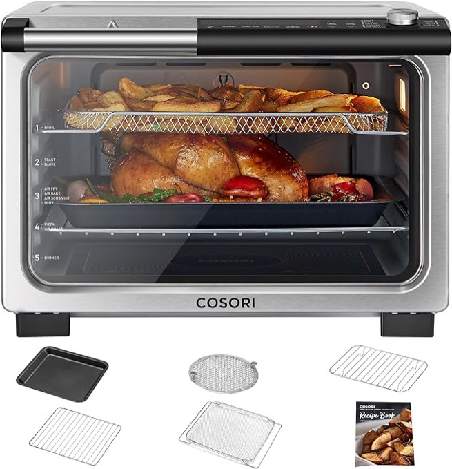 COSORI 11-in-1 26-Quart Ceramic Air Fryer Toaster Oven Combo, Flat-Sealed Heating Elements for Easy Cleanup, Innovative Burner Function, 5 Included Accessories & Recipes, CCO-R252-SUS