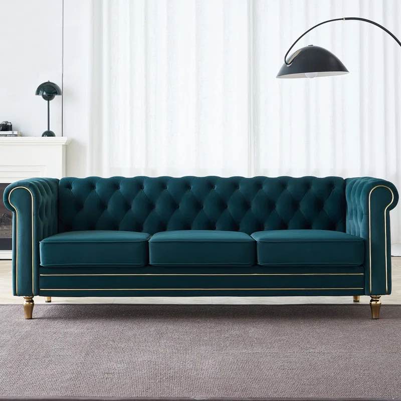 Gevon Velvet Roll Arm Sofa, Chesterfield Sofa for Living Room Upholstered with Smooth,Breathable Fabric
