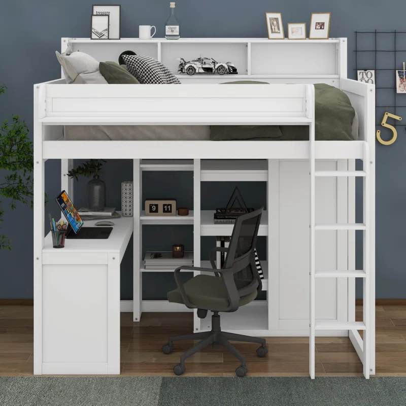 Jakiera Wood Twin Size Loft Bed With Multiple Storage Shelves and Wardrobe (incomplete 1 box only)