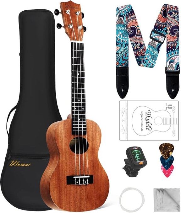 Concert Ukulele, Solid Mahogany 23inch Ukelele for Adults Kids Beginner with Gig Bag, Digital Tuner, Replacing Strings, 3 Guitar Picks, Strap, Cloth